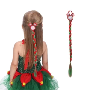 Red and green Christmas braid ponytail extension with elastic tie, a festive hair accessory perfect for girls and women during the holiday season.