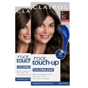 Two boxes of Clairol Root Touch-Up by Nice 'n Easy in 4 Dark Brown hair color, offering long-lasting gray coverage and a natural-looking blend with permanent hair color.