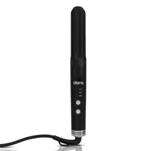 Black Clara ionic hair straightener with platinum plates fights frizz and adds shine while offering three heat settings for all hair types and auto shut-off for safety.