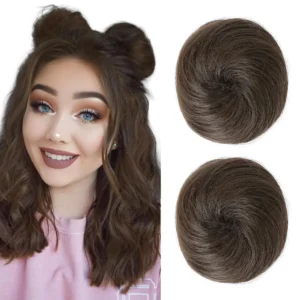 Two ash brown REECHO mini claw clip in hair bun extensions create a quick and easy updo hairstyle for women and girls, perfect as wig accessories for cosplay or daily wear.