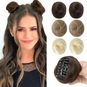 Two pink REECHO mini claw clip in messy bun hair extensions add a charming and girly updo to any hairstyle, perfect for cosplay, dance recitals, weddings, or daily wear.