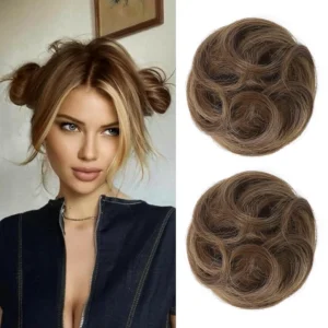 Two pink REECHO mini claw clip in hair bun extensions create a quick and easy updo for women.