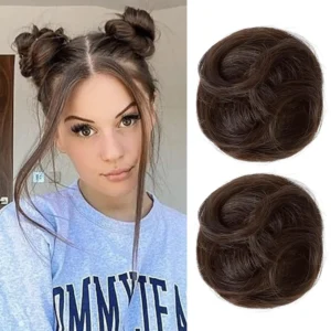 Two pink REECHO mini claw clip in messy bun hair extensions are shown, perfect for adding a charming and girly updo to any hairstyle.