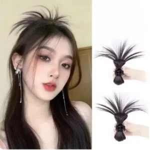Two brown claw clip ponytail extensions made of high-quality synthetic fiber, perfect for creating a fuller, messier ponytail look for women and girls with various hair types.