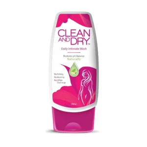 Clean and Dry Intimate Wash for women, containing aloe vera, menthol, vitamin B3, and milk extracts to gently cleanse, soothe irritation, and protect the intimate area while providing a refreshing feeling.
