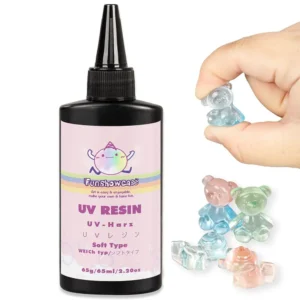 A bottle of clear soft UV resin, perfect for creating flexible jewelry and craft projects, is shown ready for easy application and quick curing.