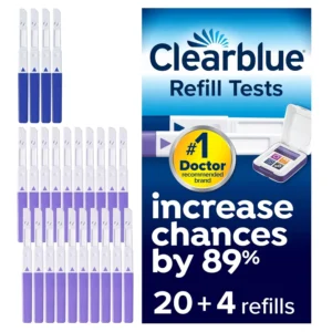 This pack includes 20 Clearblue fertility tests for use with the Advanced Fertility Monitor to track ovulation and 4 Clearblue pregnancy tests for early detection.