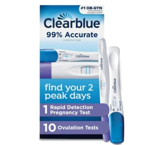 Clearblue ovulation starter kit with ten ovulation test sticks and one pregnancy test to help identify your most fertile days and maximize your chances of getting pregnant.