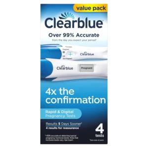 This combo pack includes two Clearblue digital pregnancy tests with smart countdown and two Clearblue rapid detection pregnancy tests for fast and accurate results.