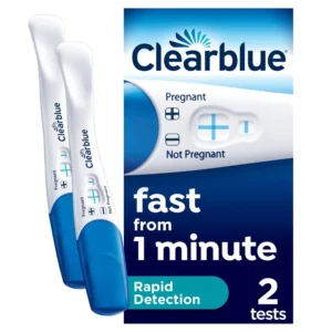 Two Clearblue rapid detection pregnancy tests for home use, promising results in as fast as one minute and over 99% accuracy.