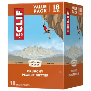 A peanut butter flavored Clif Bar energy bar provides sustained energy with wholesome, plant-based ingredients for hiking and other activities.