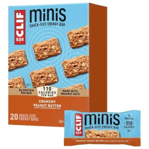 A box of Clif Bar Mini Crunchy Peanut Butter energy bars made with organic rolled oats and peanut butter for a delicious and sustained energy boost on the go.