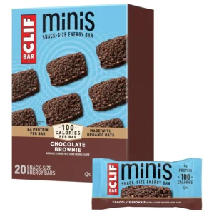 A box of CLIF BAR Minis in Chocolate Brownie flavor, made with organic oats and plant-based ingredients, offering a perfectly portioned, non-GMO energy snack.
