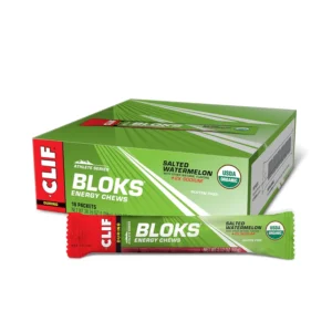 A package of CLIF BLOKS Salted Watermelon energy chews provides a quick and convenient source of fuel for endurance athletes during running, cycling, and high-intensity workouts.