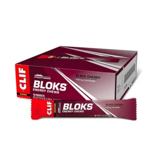 Clif Bloks energy chews in black cherry flavor, packed with goodness and formulated with care for a quick energy boost with 50mg of caffeine.