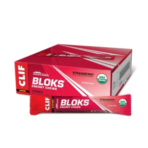 A packet of Clif BLOKS Strawberry flavored energy chews, designed to provide quick, chewable energy for athletes during training and racing with a customizable calorie and electrolyte intake.