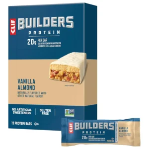 Twelve Clif Builder's vanilla almond flavored protein bars offering 20g of protein for muscle building and sustained energy.