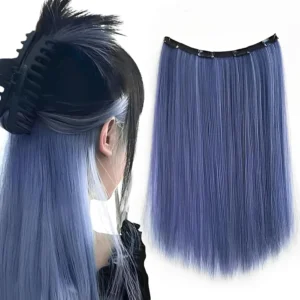 Grey blue 50cm clip in hair extensions made of heat-resistant synthetic fiber, adding volume and length, secured with stainless steel clips.