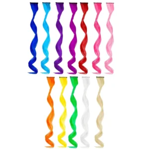 This vibrant image showcases a pack of twelve 50cm curly and wavy clip-in hair extensions in rainbow colours, perfect for adding highlights to parties, daily styling, or cosplay events with a comfortable and lightweight design.