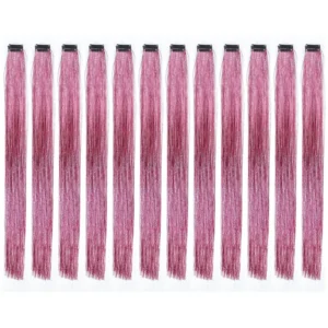 Twelve pink clip in hair extensions made of sparkling tinsel, each 18-19 inches long, provide an instant, temporary highlight.