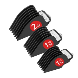 Black clipper guards for Wahl clippers with metal clips in sizes 1.25, 1.5, and 2 inches for versatile and durable hair cutting.
