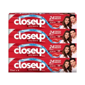 Closeup Triple Fresh Red Hot toothpaste provides 24-hour fresh breath with its triple action gel formula and antibacterial zinc for a clean, energized mouth.