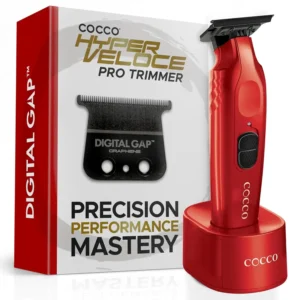 The Cocco Hyperveloce Pro Trimmer in red provides a consistently smooth cutting experience thanks to its graphene T-blade, high-torque brushless motor, and digital gap technology, all powered by a long-lasting lithium-ion battery.
