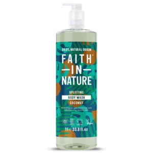 A large bottle of Faith In Nature organic coconut body wash, a vegan and cruelty-free shower gel with a natural coconut aroma.