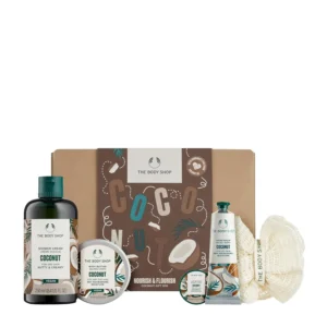 The Body Shop Coconut Nourish & Flourish gift set includes coconut shower cream, body butter, hand balm, lip butter, and a mini ramie bath lily for a complete pampering experience.