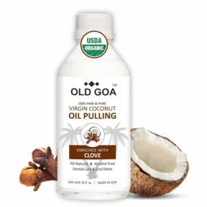 Natural coconut oil pulling mouthwash with clove for fresh breath, healthier teeth and gums.