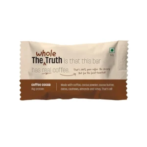 Six The Whole Truth coffee cocoa protein bars, offering 12g of natural protein with no added sugar, artificial sweeteners, gluten, or soy, perfect for a healthy and energizing snack.