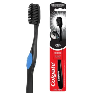 A single Colgate 360 Charcoal medium bristle toothbrush featuring thin, slim tip bristles for deep cleaning between teeth and along the gum line.