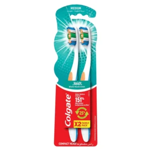 This image shows the Colgate 360 Deep Clean medium toothbrush, a two-piece value pack designed to reduce germs and clean beyond just teeth, with dentists recommending replacement every 3 months.