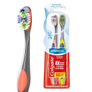 This is a 2 pack of Colgate 360 Interdental medium toothbrushes featuring bristles that reach 4 times deeper below the gumline compared to an ordinary flat trim toothbrush.
