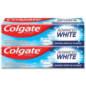 Two tubes of Colgate Advanced White whitening toothpaste promise clinically proven whitening and fresh breath.