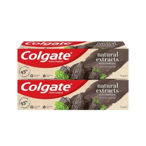 Two tubes of Colgate Natural Extracts Charcoal Whitening Toothpaste, a naturally derived toothpaste with activated charcoal for effective whitening in a recyclable tube.