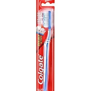 A medium-sized, manual, dual action toothbrush designed to clean between teeth, colors may vary.