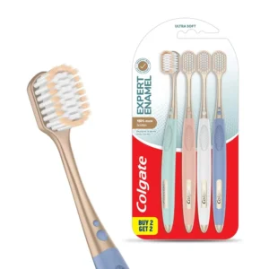 This image shows a four-pack of Colgate Gentle Enamel Toothbrushes with ultra-soft bristles, designed for sensitive teeth and gentle enamel protection.
