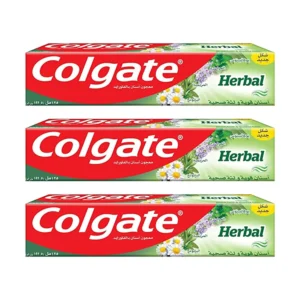 Three tubes of Colgate Herbal Toothpaste enriched with chamomile, sage, myrrh, and eucalyptus for strong teeth and healthy gums.