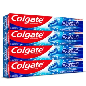 Four pack of Colgate Max Fresh Cool Mint toothpaste tubes with cooling crystals, offering cavity protection and long-lasting minty breath for the whole family.