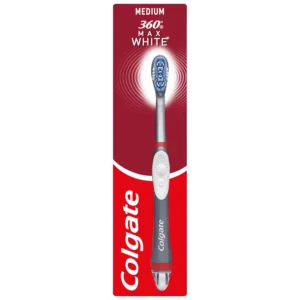 The Colgate 360 Max White sonic power toothbrush gently whitens teeth by removing surface stains with vibrating polishing bristles.