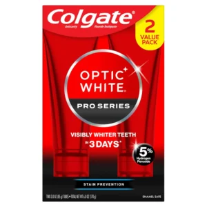 Two tubes of Colgate Optic White Pro Series toothpaste whitens teeth with 5% hydrogen peroxide and provides stain prevention.