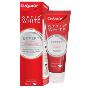 A tube of Colgate Optic White Expert Whitening Toothpaste promises whiter teeth in five days and helps reverse years of yellowing using ingredients dentists use.