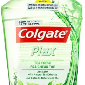 Three bottles of light green Colgate Plax Fresh Mint mouthwash provide 24/7 bad breath protection without alcohol.