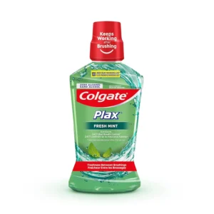 A bottle of Colgate Plax Fresh Mint mouthwash provides 24/7 protection against bad breath, germs, and plaque, keeping your mouth fresh all day long.