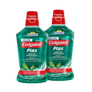 Two bottles of green Colgate Plax Tea Fresh mouthwash, an alcohol-free formula with natural tea extracts, offering 12-hour protection against plaque and bacteria and 24/7 bad breath control.