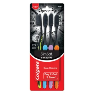 This image shows a three-pack of Colgate Slim Soft Charcoal toothbrushes with 17x slimmer, soft tip bristles for a gentle and deep clean along the gumline.