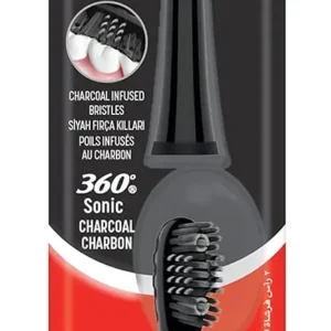 Two Colgate 360 Sonic battery powered toothbrush replacement heads with charcoal infused soft bristles for cleaning teeth, gums, and tongue.