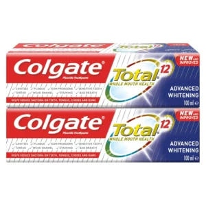 Two tubes of Colgate Total 12 Advanced Whitening Toothpaste, offering 12-hour protection against plaque, gingivitis, stains, tartar, and cavities, while also fighting bacteria on teeth, tongue, cheeks, and gums for a whiter smile and fresh breath.