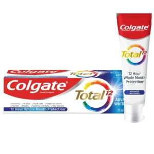 Tube of Colgate Total 12 Advanced Whitening Toothpaste promoting a whiter smile and 12-hour whole mouth protection.
